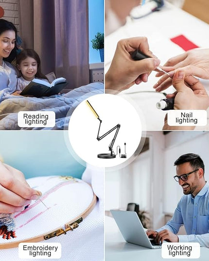 Desk Lamps for Home Office, 2-in-1 LED Desk Lamp, 3-Section Long Arm Desk Light with Clamp and Base, Adjustable Table Lamp with 3 Colors Modes, 10 Dimmer Levels and Memory Function - LeafyLoom