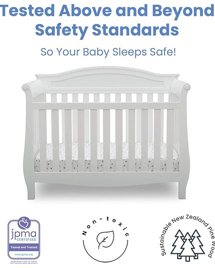 Delta Children Lancaster 4-in-1 Convertible Baby Crib, Bianca White + Serta Perfect Slumber Dual Sided Recycled Fiber Core Crib and Toddler Mattress (Bundle) - LeafyLoom