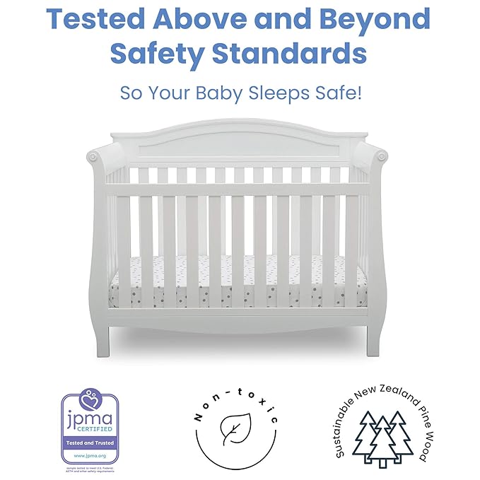 Delta Children Lancaster 4-in-1 Convertible Baby Crib, Bianca White + Serta Perfect Slumber Dual Sided Recycled Fiber Core Crib and Toddler Mattress (Bundle) - LeafyLoom