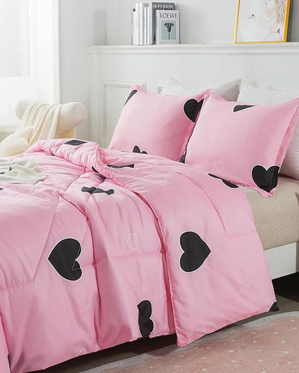 Girls Pink Comforter Set Twin Size, Blush Pink Cute Love Heart Print Sexy Comforter Bedding Set for All Seasons, Geometric Soft Microfiber Comforter Set with Pillowsham - LeafyLoom
