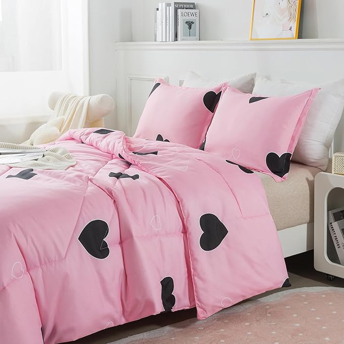Girls Pink Comforter Set Twin Size, Blush Pink Cute Love Heart Print Sexy Comforter Bedding Set for All Seasons, Geometric Soft Microfiber Comforter Set with Pillowsham - LeafyLoom