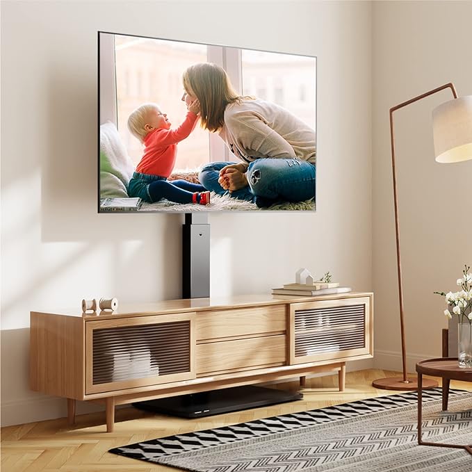 FITUEYES Universal Floor TV Stand Swivel Mount Height Adjustable for 27 32 55 65 70 inch Flat and Curved Screen TVs, Tempered Glass Base Black TV Stands with Cable Management Modern - LeafyLoom