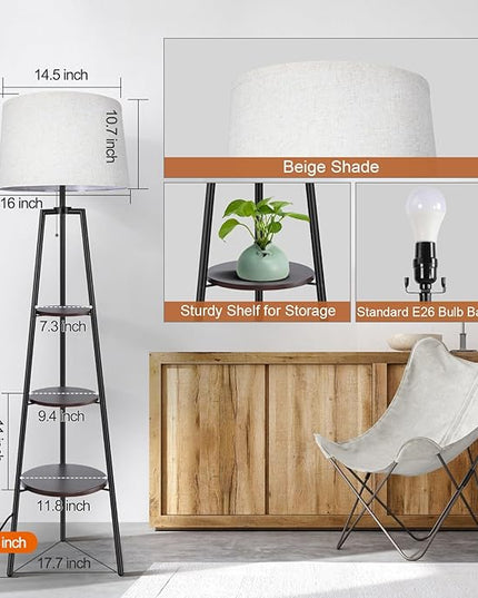OUTON Tripod Floor Lamp with Shelves, Modern Shelf Floor Lamp with Remote, 4 Color Temperature, Dimmable Tall Standing Corner Lamp with Beige Linen Texture Shade for Living Room, Bedroom, Office - LeafyLoom