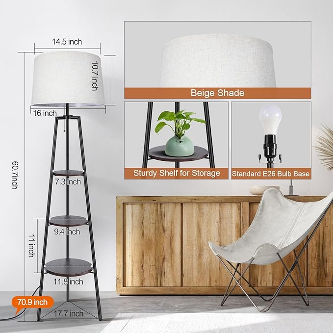 OUTON Tripod Floor Lamp with Shelves, Modern Shelf Floor Lamp with Remote, 4 Color Temperature, Dimmable Tall Standing Corner Lamp with Beige Linen Texture Shade for Living Room, Bedroom, Office - LeafyLoom