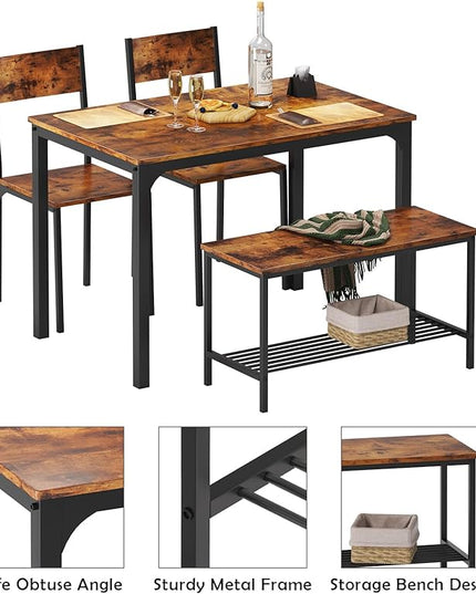 soges 4 Person Dining Table Set, 43.3inch Kitchen Table Set for 4, Dining Room 2 Chairs with Backrest, 2-Person Bench with Storage Rack, Vintage Brown - LeafyLoom