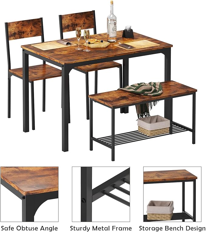 soges 4 Person Dining Table Set, 43.3inch Kitchen Table Set for 4, Dining Room 2 Chairs with Backrest, 2-Person Bench with Storage Rack, Vintage Brown - LeafyLoom