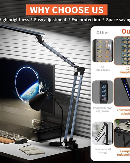 LED Desk Lamps,10 Color Modes 2700k-7000k Lighting and Stepless Dimming Modern Table Lamp for Monitor Studio Reading,Architect Clamp for Home Office Iron-Grey 15W… - LeafyLoom