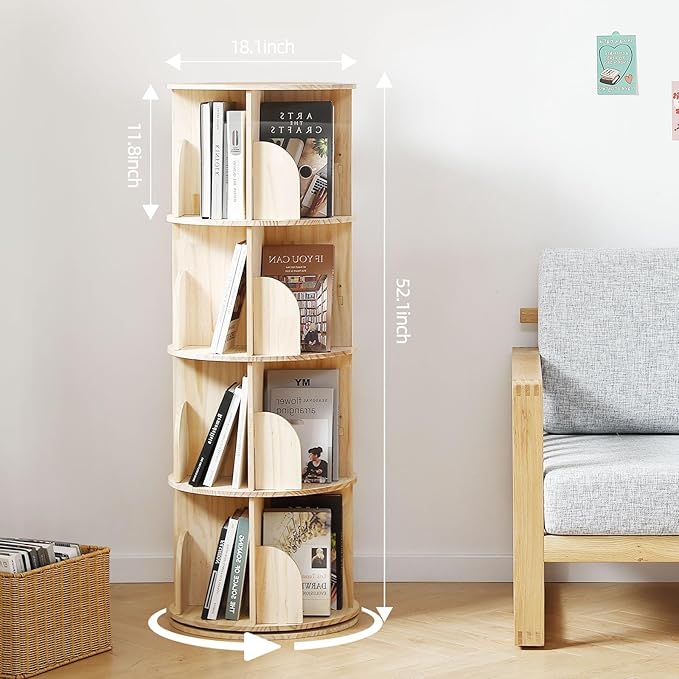 Rotating Bookshelf Tower, 4 Tier 360 Display Spinning Bookshelf, Solid Wood Narrow Book Shelf Organizer for Kid Adult, Corner Floor Standing Bookcase for Bedroom, Living Room, Study Room, Small Space - LeafyLoom