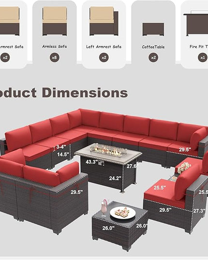 Patio Furniture Set with Fire Pit Table 15 PCS Outdoor Sectional Furniture Outdoor Rattan Patio Conversation Sets with 43in 55,000 BTU Propane Gas Fire Pit Table Glass Table, Red - LeafyLoom