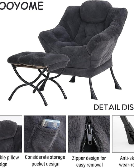 Lazy Chair with Ottoman, Modern Accent Chair Contemporary Lounge Leisure Upholstered Sofa Chair Set with Armrests, Reading Chair for Living Room, Bedroom, Office, Plush Navy - LeafyLoom