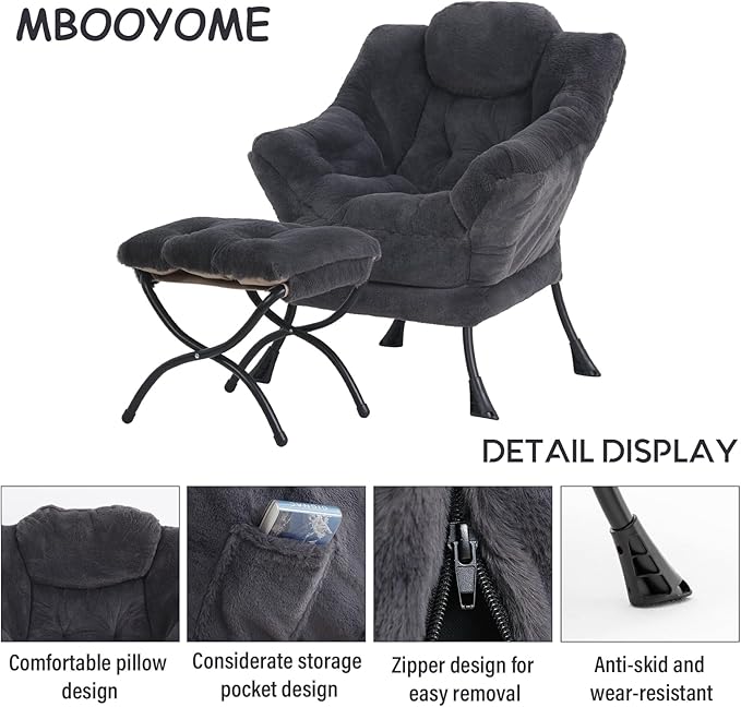 Lazy Chair with Ottoman, Modern Accent Chair Contemporary Lounge Leisure Upholstered Sofa Chair Set with Armrests, Reading Chair for Living Room, Bedroom, Office, Plush Navy - LeafyLoom