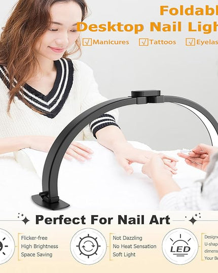 Foldable LED Half Moon Lamp for Nail,38W/3000-6000k Desk Lamp,Lash Lamp for Lash Extension with Storage Bag& Phone Bracket,Led Light for Nails Tech, Stepless Dimming(4700LM&White) - LeafyLoom