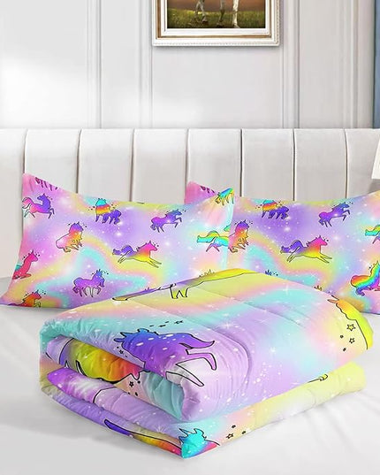 Datura home Unicorn Rainbow Comforter Bedding Set for Girls Kids Children Teens,Sky Glitter Star Colorful Bedding Set with 1 Comforter and 2 Pillowcases(Unicorn3 Queen) - LeafyLoom