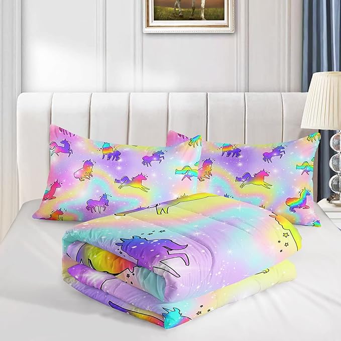 Datura home Unicorn Rainbow Comforter Bedding Set for Girls Kids Children Teens,Sky Glitter Star Colorful Bedding Set with 1 Comforter and 2 Pillowcases(Unicorn3 Queen) - LeafyLoom