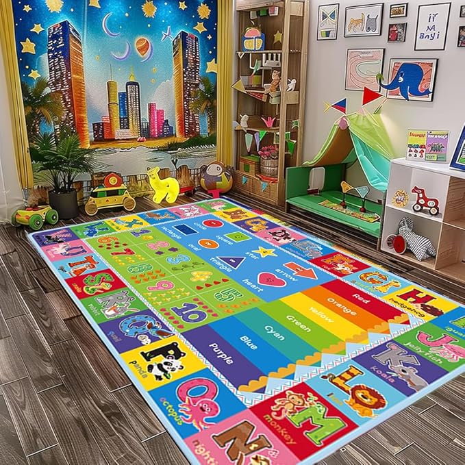 ABC Carpet,Kids Carpet for Playroom, Classroom Floor Play Mat for Kids,Preschool Rugs wtih ABC, Numbers, Animals, Extra Large Thick (59X39.4 Inch) - LeafyLoom