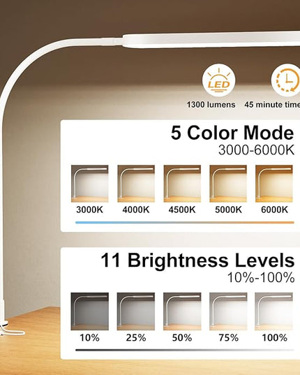 SKYLEO Desk Lamp - 33.5" Desk Light - Flexible Gooseneck - 5 Color Modes X 11 Brightness Levels - 1300LM - Timmer & Memory Function - 12W Clip on Light - White - LeafyLoom