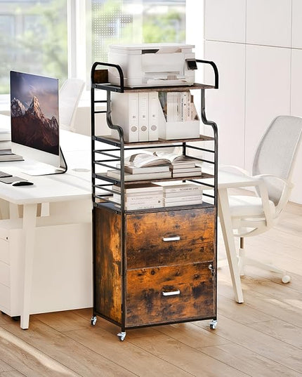 Vertical File Cabinet, 2 Drawer Mobile Filing Cabinet with 3 Bookshelf, Printer Stand with Open Storage Shelves Fits A4/Letter/Legal Size File Cabinets for Home Office Organizer, Brown - LeafyLoom