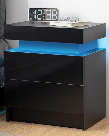 HOMMPA LED Nightstand Black Nightstand with Led Lights Modern Night Stand with 2 High Gloss Drawers Led Bedside Table Smart Nightstand for Bedroom 20.5” Tall - LeafyLoom