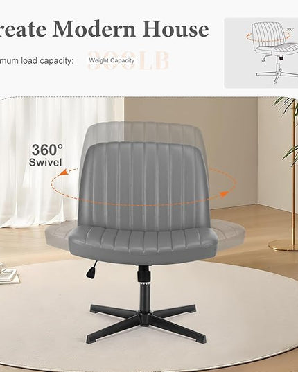 Sweetcrispy Criss Cross Chair Legged, Armless Office Desk Chair No Wheels, Swivel Vanity Chair, Height Adjustable Wide Seat Computer Task Chair, PU Leather Vanity Modern Home Chair Sliver - LeafyLoom