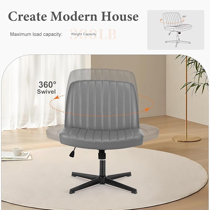 Sweetcrispy Criss Cross Chair Legged, Armless Office Desk Chair No Wheels, Swivel Vanity Chair, Height Adjustable Wide Seat Computer Task Chair, PU Leather Vanity Modern Home Chair Sliver - LeafyLoom