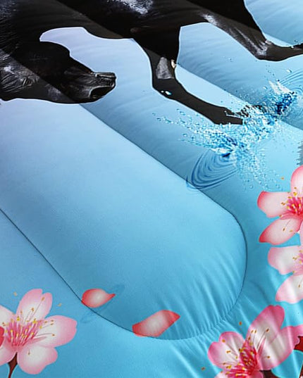 Kid Horse Comforter Set Room Floral Animal Theme Handsome Horse Chic Cherry Blossom Bedding Set 3D Wild Animal Decor Quilt Set for Girls Adult, 1 Comforter + 2 Pillowcases - LeafyLoom
