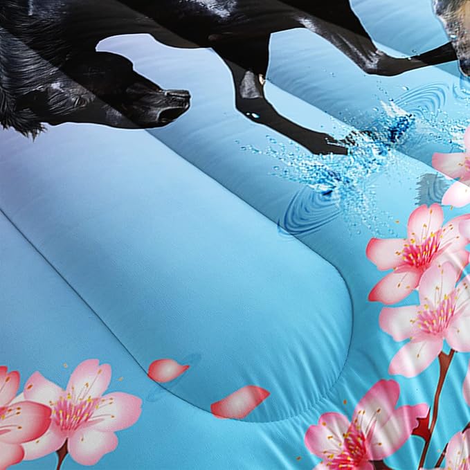 Kid Horse Comforter Set Room Floral Animal Theme Handsome Horse Chic Cherry Blossom Bedding Set 3D Wild Animal Decor Quilt Set for Girls Adult, 1 Comforter + 2 Pillowcases - LeafyLoom