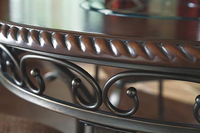 Signature Design by Ashley Glambrey Old World 45" Round Glass Top Dining Table, Brown - LeafyLoom