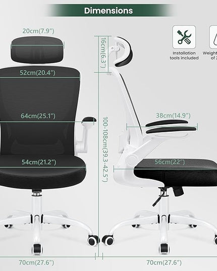 KERDOM Ergonomic Office Chair, Breathable Mesh Desk Chair, Lumbar Support Computer Chair with Headrest and Flip-up Arms, Swivel Task Chair, Adjustable Height Gaming Chair, White - LeafyLoom