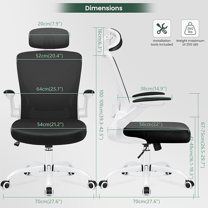 KERDOM Ergonomic Office Chair, Breathable Mesh Desk Chair, Lumbar Support Computer Chair with Headrest and Flip-up Arms, Swivel Task Chair, Adjustable Height Gaming Chair, White - LeafyLoom