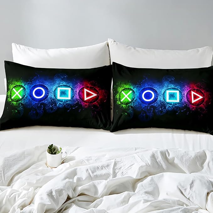 Gaming Comforter Sets for Boys, Gamer Bedding Sets for Boys Queen Size, Black Gaming Gamepad Soft Kids Comforter Sets Boys Bedroon, 1 Comforter and 2 Pillowcases - LeafyLoom