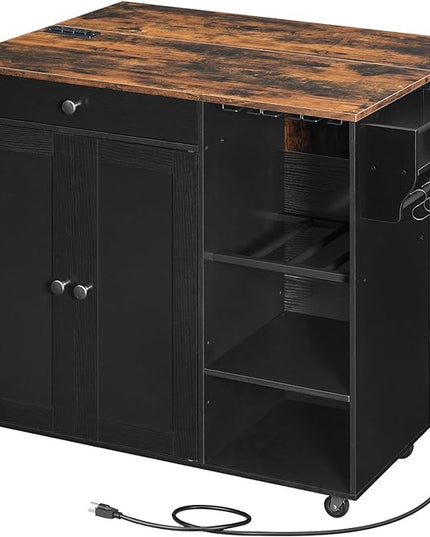 HOOBRO Kitchen Island with Storage, Rolling Kitchen Island with Folding Drop Leaf, Charging Station, Spice Rack, Drawer, Mobile Kitchen Island On Wheels, for Kitchen, Black and Rustic Brown BF95UZD01 - LeafyLoom