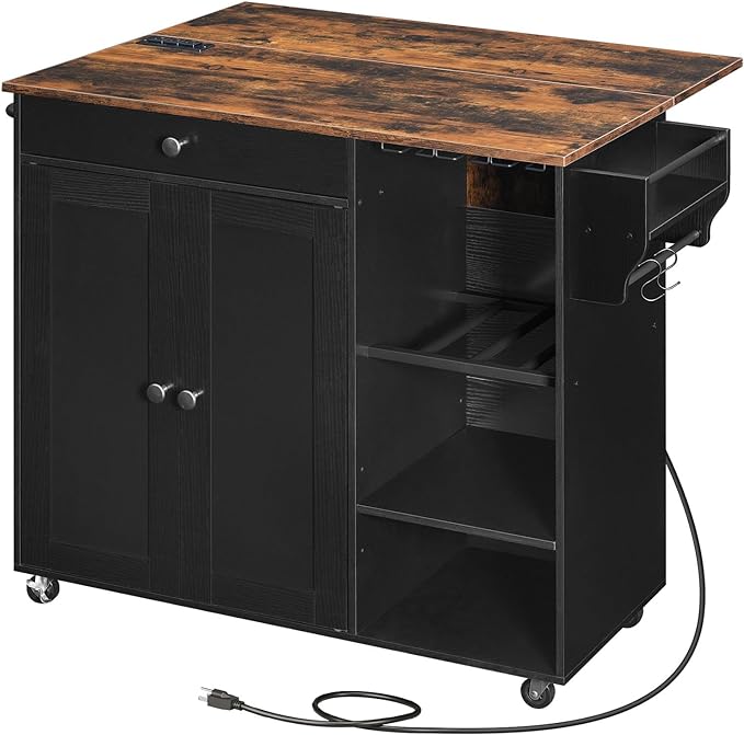HOOBRO Kitchen Island with Storage, Rolling Kitchen Island with Folding Drop Leaf, Charging Station, Spice Rack, Drawer, Mobile Kitchen Island On Wheels, for Kitchen, Black and Rustic Brown BF95UZD01 - LeafyLoom