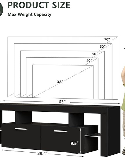 Clikuutory Modern LED 63 inch Long TV Stand with Large Storage Drawer for 50 55 60 65 70 75 Inch TVs, Black Wood TV Console with High Glossy Entertainment Center for Living Room, Bedroom, Black - LeafyLoom