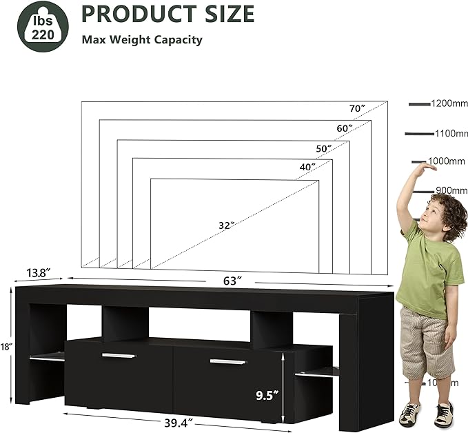 Clikuutory Modern LED 63 inch Long TV Stand with Large Storage Drawer for 50 55 60 65 70 75 Inch TVs, Black Wood TV Console with High Glossy Entertainment Center for Living Room, Bedroom, Black - LeafyLoom