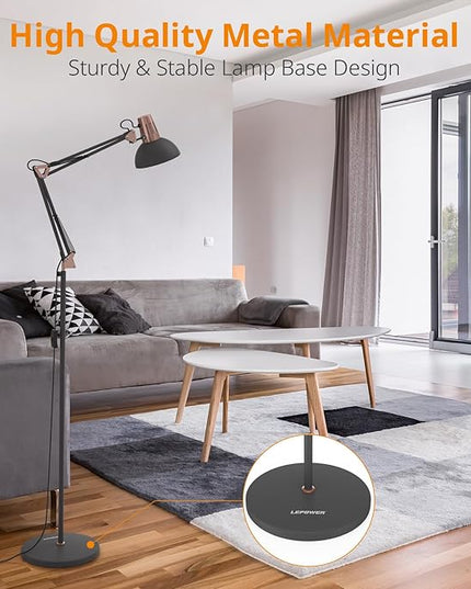 LEPOWER Metal Floor Lamp, Adjustable Architect Swing Arm Standing Lamp with Heavy Duty Base, Eye-Caring Reading/Drawing Lamp with On/Off Switch for Living Room, Bedroom, Office Sand Black - LeafyLoom