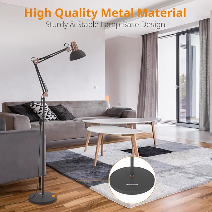 LEPOWER Metal Floor Lamp, Adjustable Architect Swing Arm Standing Lamp with Heavy Duty Base, Eye-Caring Reading/Drawing Lamp with On/Off Switch for Living Room, Bedroom, Office Sand Black - LeafyLoom
