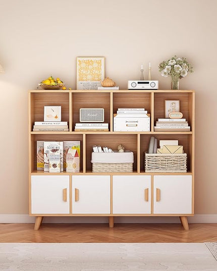 Cubby Shelf Bookcase with Doors - Wooden 11 Cube Floor Standing Open Bookshelf with Solid Wood Legs, 3-Tier Storage Cabinet, Oak and Warm White - LeafyLoom