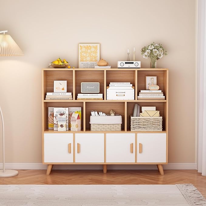 Cubby Shelf Bookcase with Doors - Wooden 11 Cube Floor Standing Open Bookshelf with Solid Wood Legs, 3-Tier Storage Cabinet, Oak and Warm White - LeafyLoom