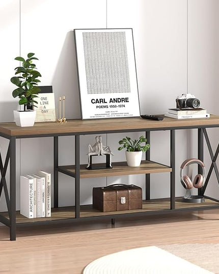FOLUBAN TV Stand for TV up to 65 inch, Rustic Wood and Metal Entertainment Center with Storage Shelves, Modern Industrial Media TV Console Table for Living Room, Oak 55 inch - LeafyLoom