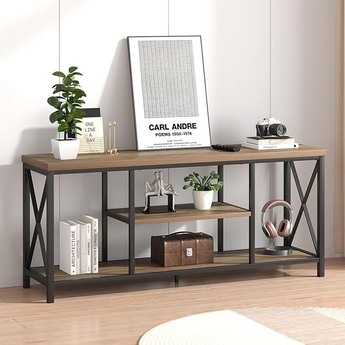 FOLUBAN TV Stand for TV up to 65 inch, Rustic Wood and Metal Entertainment Center with Storage Shelves, Modern Industrial Media TV Console Table for Living Room, Oak 55 inch - LeafyLoom
