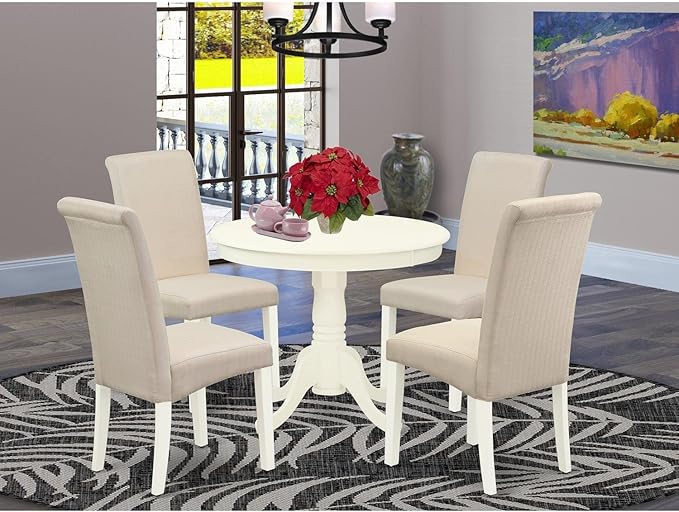 East West Furniture ANBA5-LWH-01 5 Piece Modern Set Includes a Round Kitchen Table with Pedestal and 4 Cream Linen Fabric Parsons Dining Chairs, 36x36 Inch - LeafyLoom