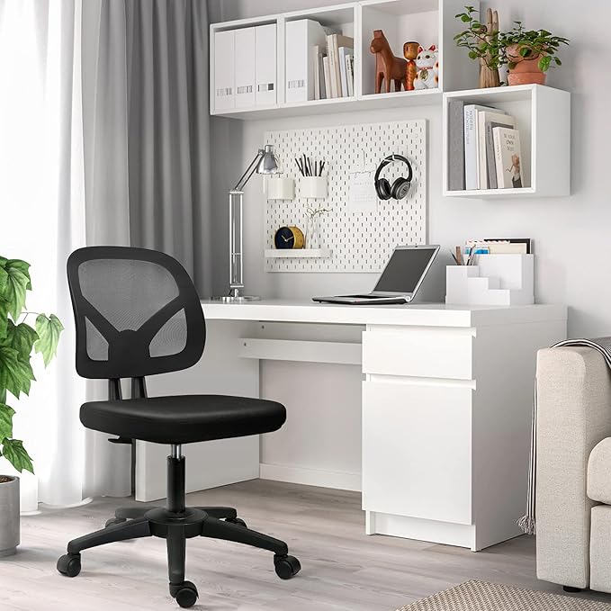 KOLLIEE Armless Mesh Office Chair Ergonomic Small Desk Chair No Arms Black Swivel Computer Chair with Wheels Task Chair for Small Spaces Mid Back Home Office Chair for Adults and Kids - LeafyLoom