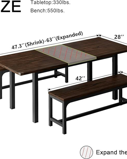 Feonase 63" Extendable Dining Room Table Set for 4, Modern Dining Table with 2 Benches, 3 Pcs Kitchen Table for Small Space, Easy Clean, Espresso - LeafyLoom