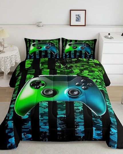Gamer Comforter Set King Kids Boys Teens USA Flag Stars Down Comforter Gaming Comforter Gamer Room Decor Camo Video Game Bedding Set, Gamepad Console Duvet, Youth Young Man Quilt, Grunge Style - LeafyLoom