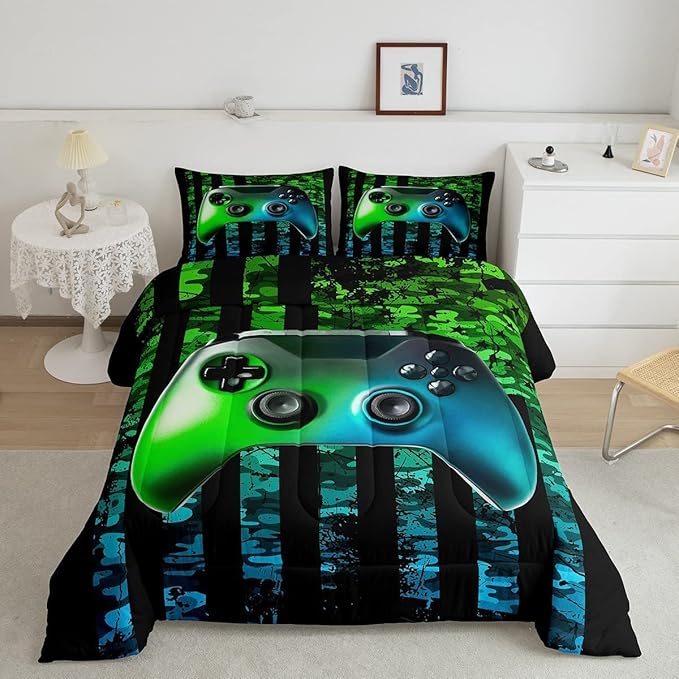 Gamer Comforter Set King Kids Boys Teens USA Flag Stars Down Comforter Gaming Comforter Gamer Room Decor Camo Video Game Bedding Set, Gamepad Console Duvet, Youth Young Man Quilt, Grunge Style - LeafyLoom