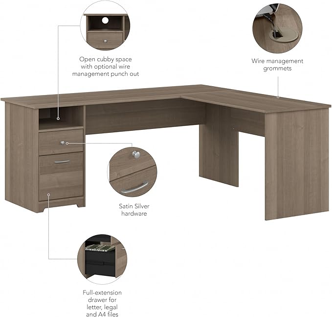 Bush Furniture Cabot 72W L Shaped Computer Desk with Drawers, Ash Gray - LeafyLoom