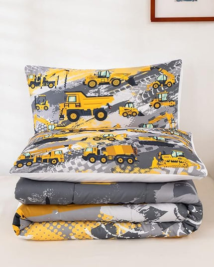 Feelyou Kids Construction Comforter Set Twin Bedding Sets for Boys Toddler Children Cartoon Cars Excavator Tractor Comforter Set Construction Machinery Truck Duvet Set Cars Bed Set with 1 Pillow Case - LeafyLoom