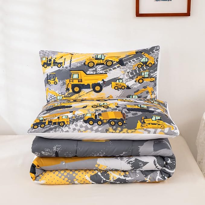 Feelyou Kids Construction Comforter Set Twin Bedding Sets for Boys Toddler Children Cartoon Cars Excavator Tractor Comforter Set Construction Machinery Truck Duvet Set Cars Bed Set with 1 Pillow Case - LeafyLoom