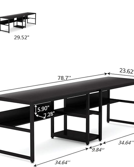 Tribesigns Two Person Desk with Bookshelf, 78.7 Computer Office Double Desk for Two Person, Rustic Writing Desk Workstation with Shelf for Home Office (Black) - LeafyLoom