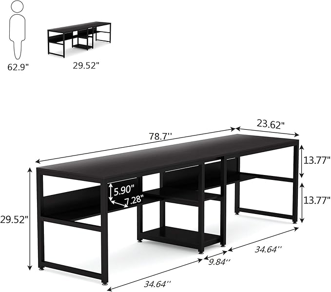 Tribesigns Two Person Desk with Bookshelf, 78.7 Computer Office Double Desk for Two Person, Rustic Writing Desk Workstation with Shelf for Home Office (Black) - LeafyLoom